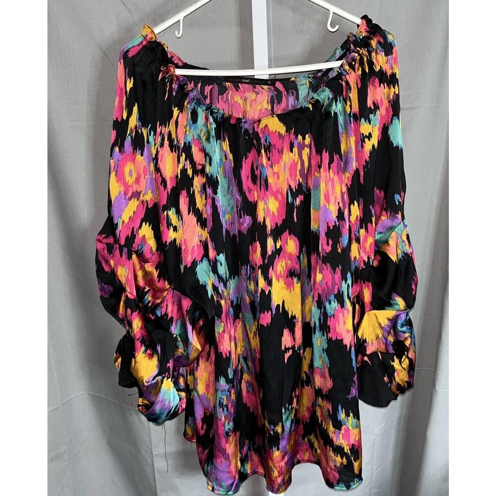 Azel Hazel Blouse Watercolor Women’s 1X Bright Pullover With Sleeve Details